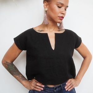 Split-Neck Black Linen Top
